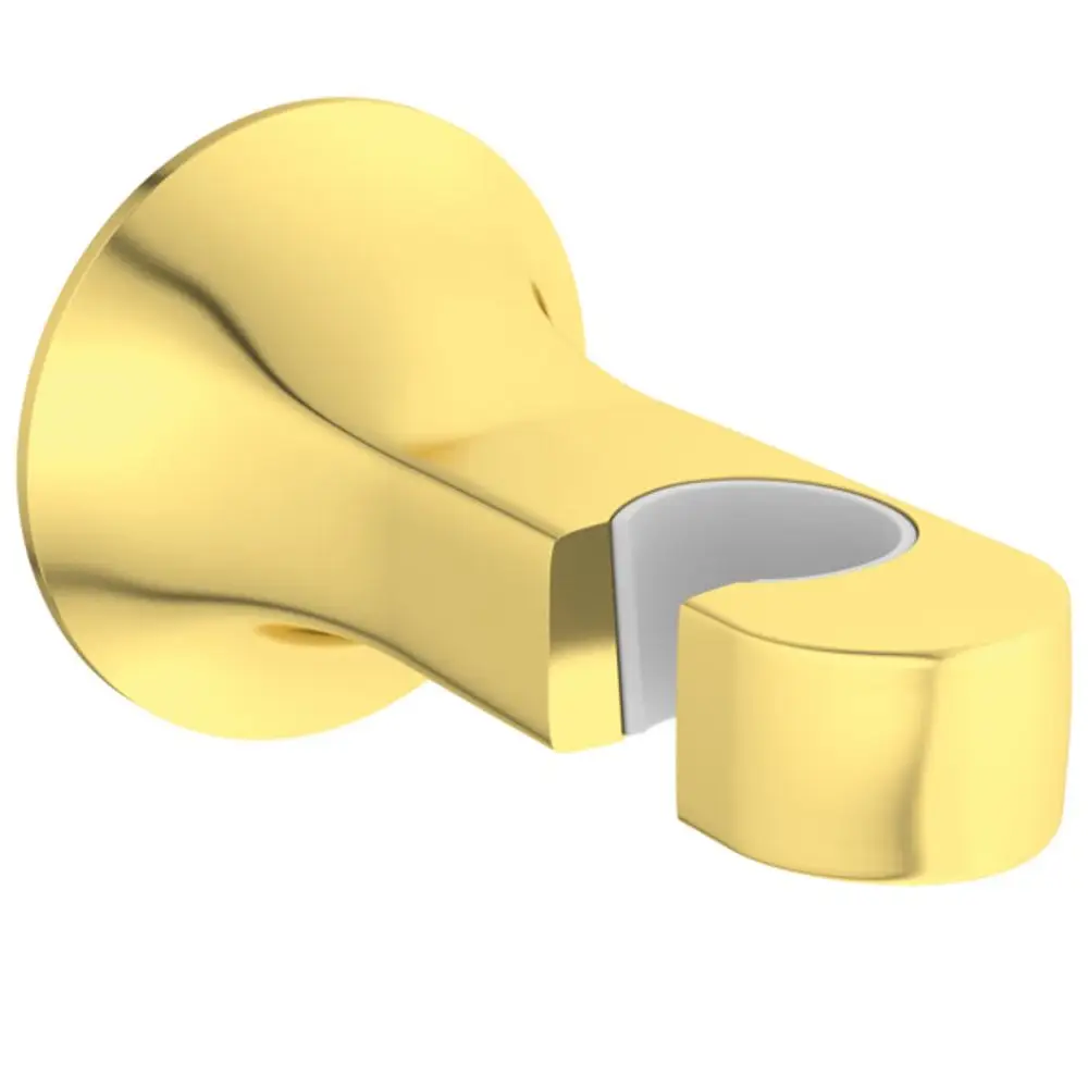 Brausehalter in Goldoptik von Ideal Standard, wandmontiert mit einer Halterung für eine Duschbrause, schlichtes Design ohne weitere Verzierungen.